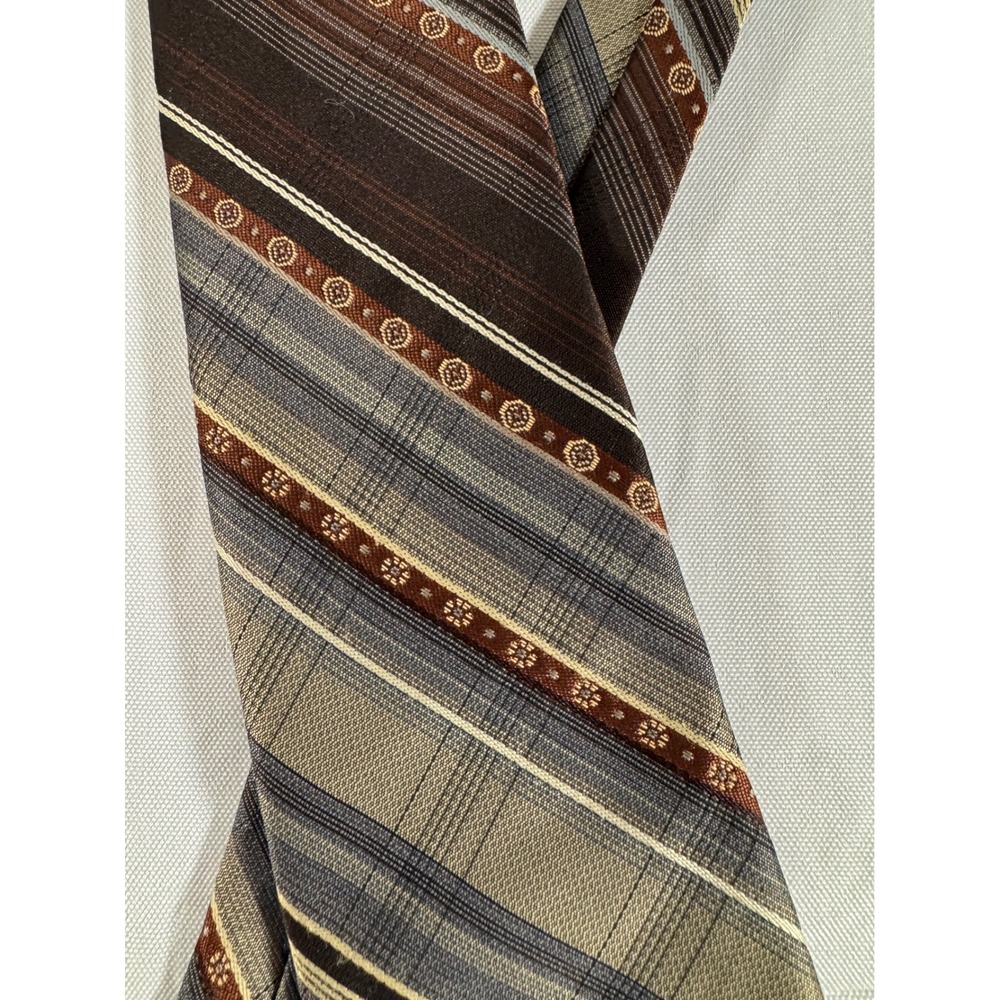 Vintage Sears Classic Collection Mens Brown Tan Striped Geometric Necktie 0489